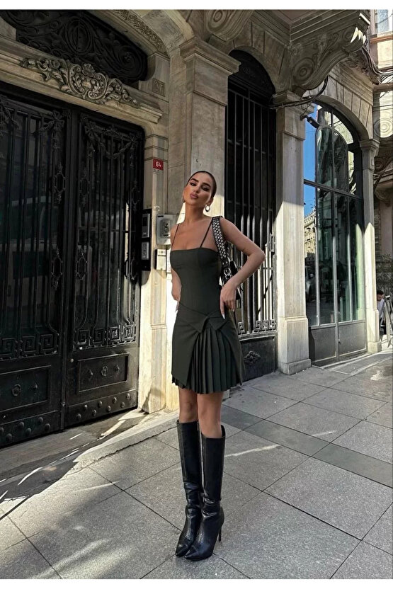 İki Parçalı Pileli Askılı Kadın Mini Elbise - Haki