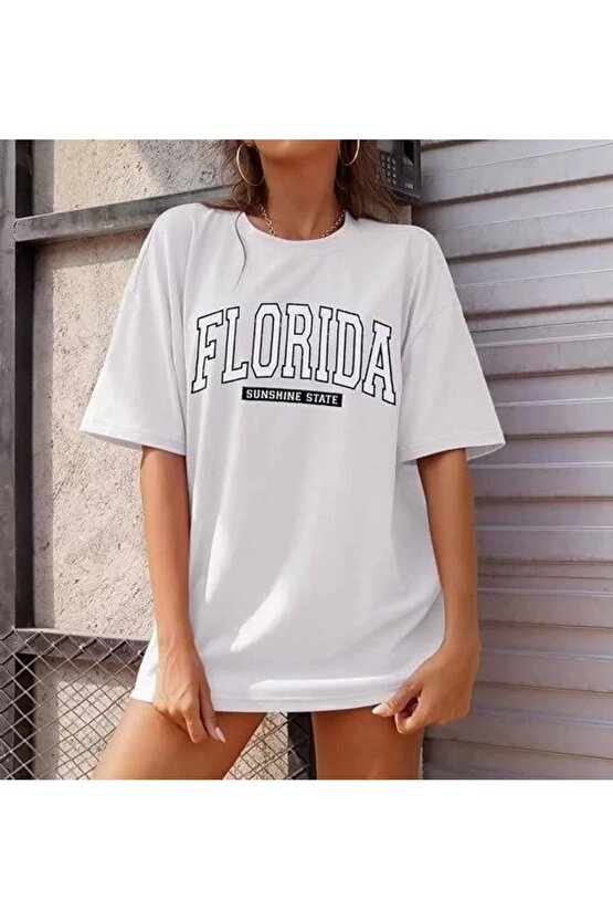 Kadın Bisiklet Yaka Baskılı T-shirt - Beyaz