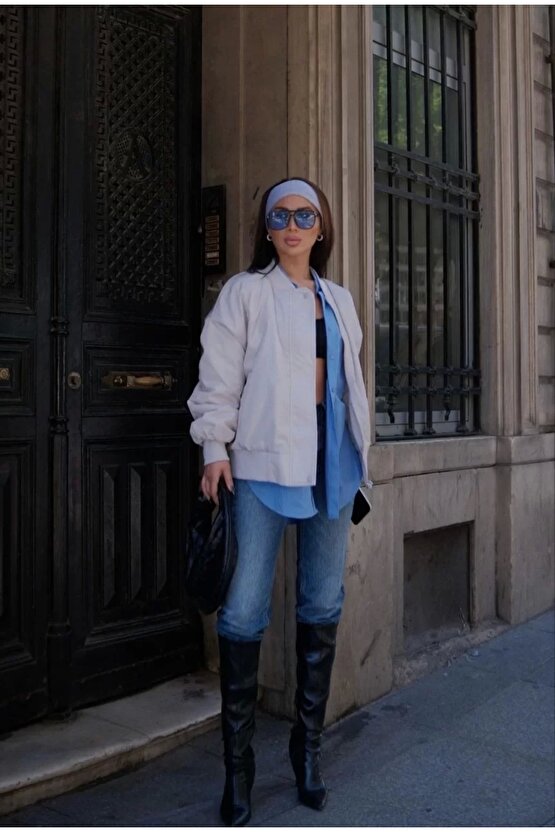 Cepli Bomber Ceket Mont - Beyaz