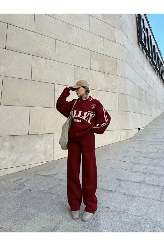 Üç İplik Yakalı Sweat Baggy Pantalonlu Takım - Bordo
