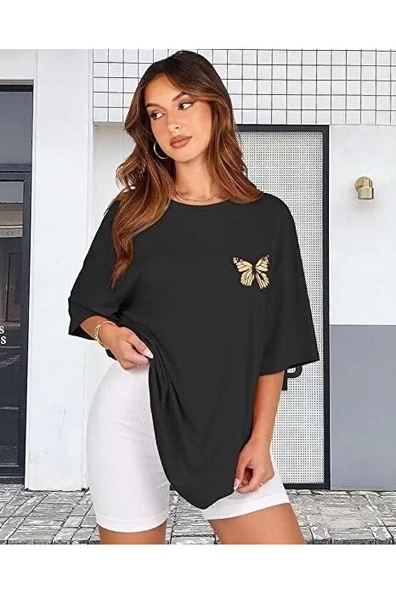 Kadın Bisiklet Yaka Baskılı T-shirt - Siyah