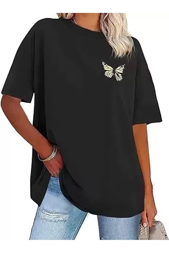 Kadın Bisiklet Yaka Baskılı T-shirt - Siyah