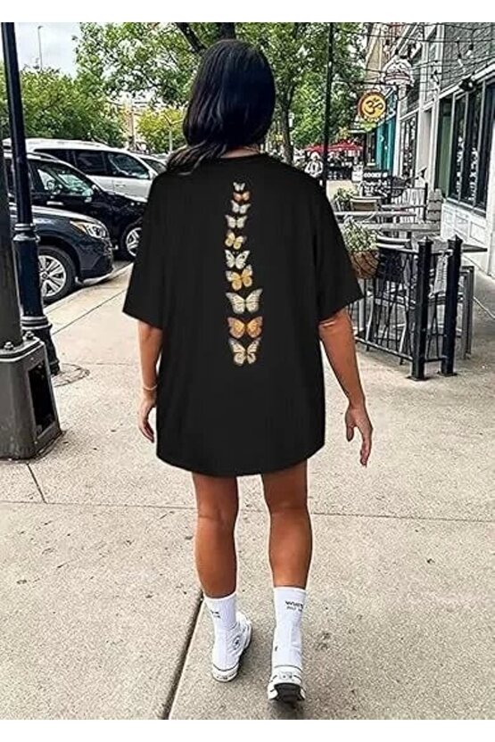 Kadın Bisiklet Yaka Baskılı T-shirt - Siyah