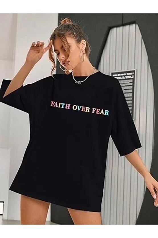 Kadın Baskılı Oversize T-shirt - Siyah