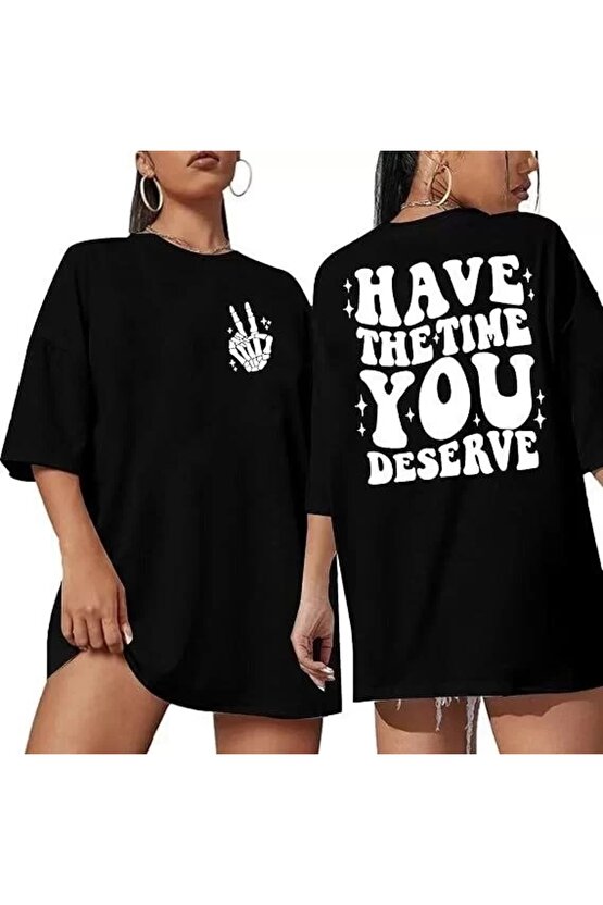 Kadın Bisiklet Yaka Kısa Kol Baskılı T-shirt - Siyah