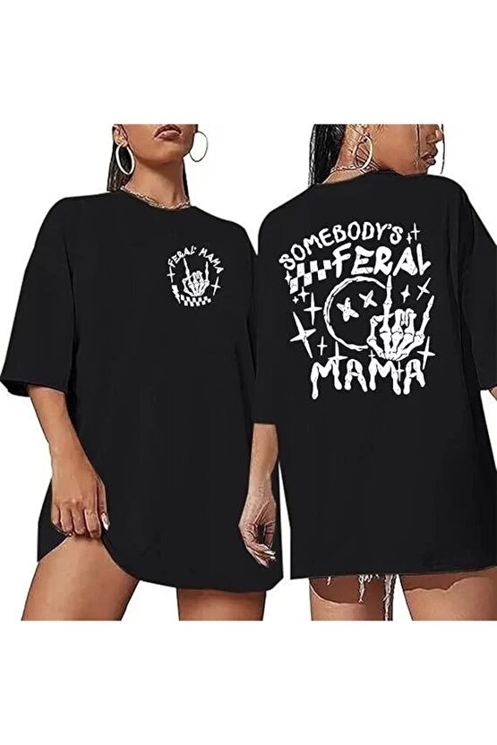 Kadın Bisiklet Yaka Baskılı T-shirt - Siyah