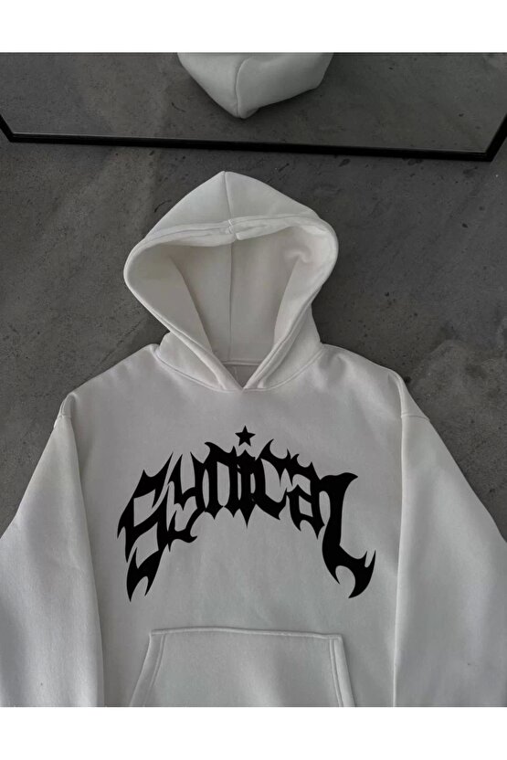 Üç İplik Kapüşonlu Baskılı Oversize SweatShirt- Beyaz