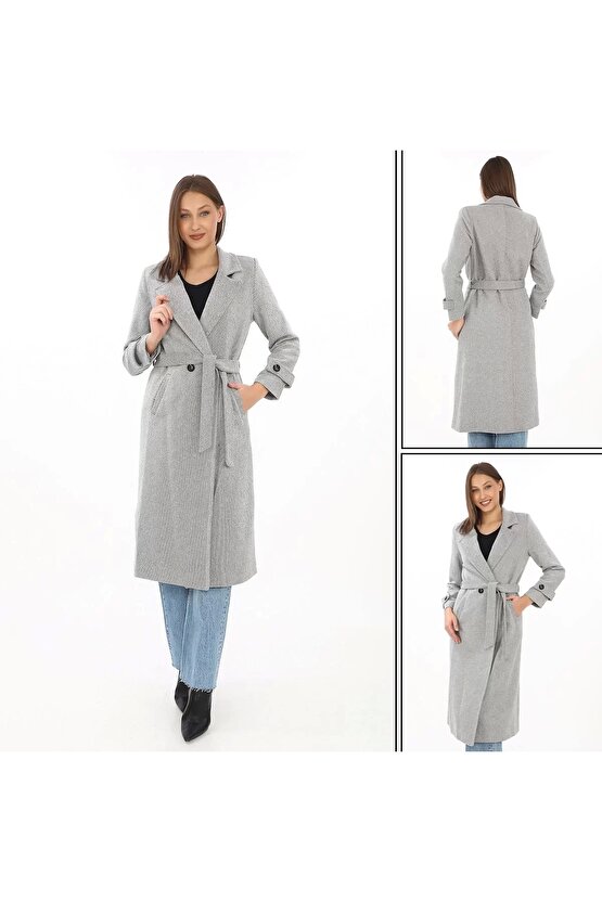 Kadın Astarlı Balık Sırtı Kaşmir Kaşe Kaban - Gri