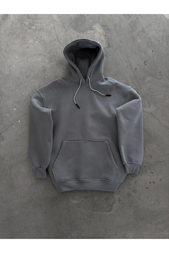 Kapüşonlu Üç İplik Penye Basic SweatShirt - Boyalı Gri
