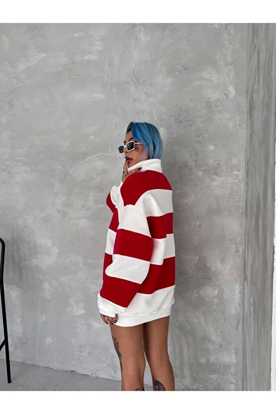 Unisex Üç İplik Parçalı Yakalı SweatShirt - Kırmızı