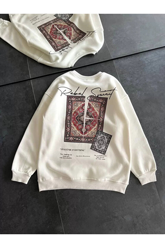 Kadın Bisiklet Yaka Baskılı SweatShirt - Beyaz