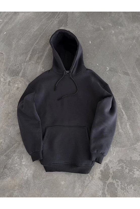 Kapüşonlu Üç İplik Penye Basic SweatShirt - Füme