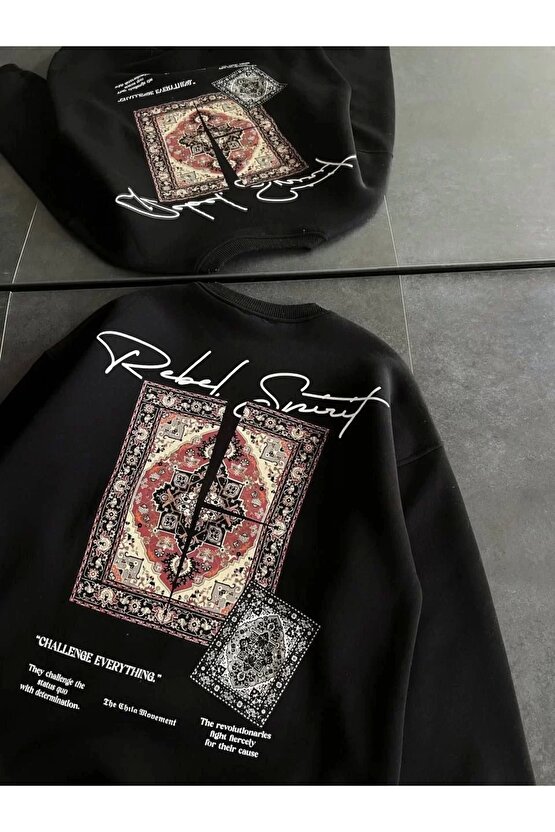 Kadın Bisiklet Yaka Baskılı SweatShirt - Siyah