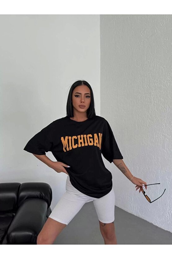 Unisex Bisiklet Yaka Baskılı Oversize T-Shirt - Siyah