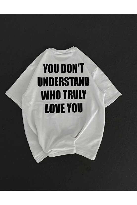 Unisex Bisiklet Yaka Baskılı Oversize T-Shirt - Beyaz