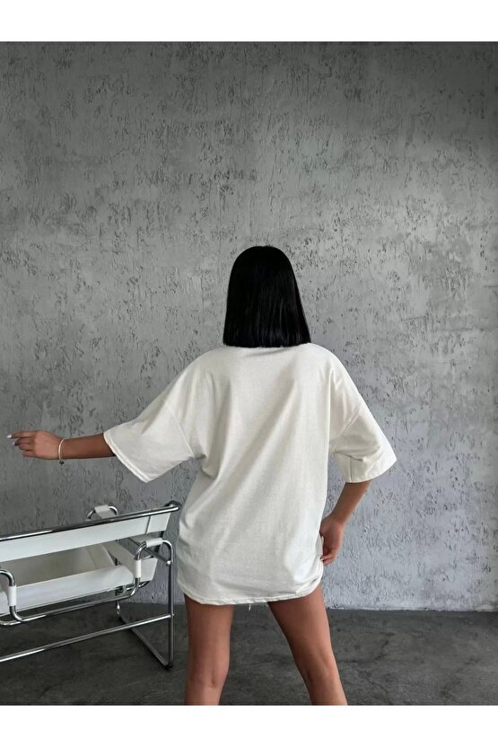 Unisex Düz Biskilet Yaka Oversize T-shirt - Beyaz