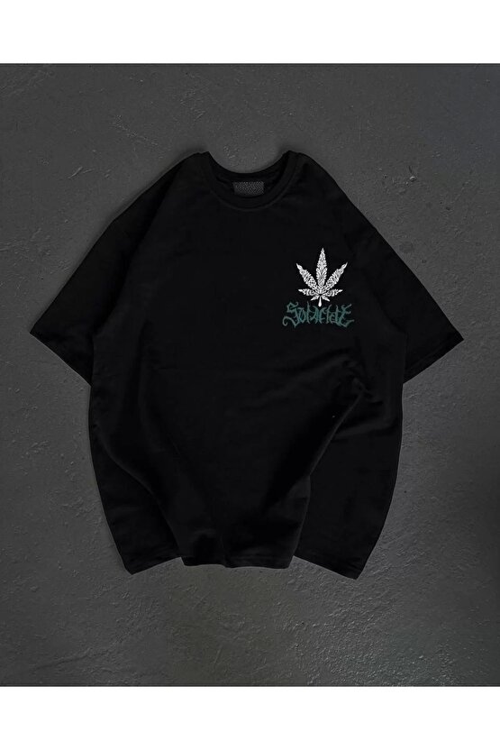 Unisex Bisiklet Yaka Baskılı Oversize T-Shirt - Siyah