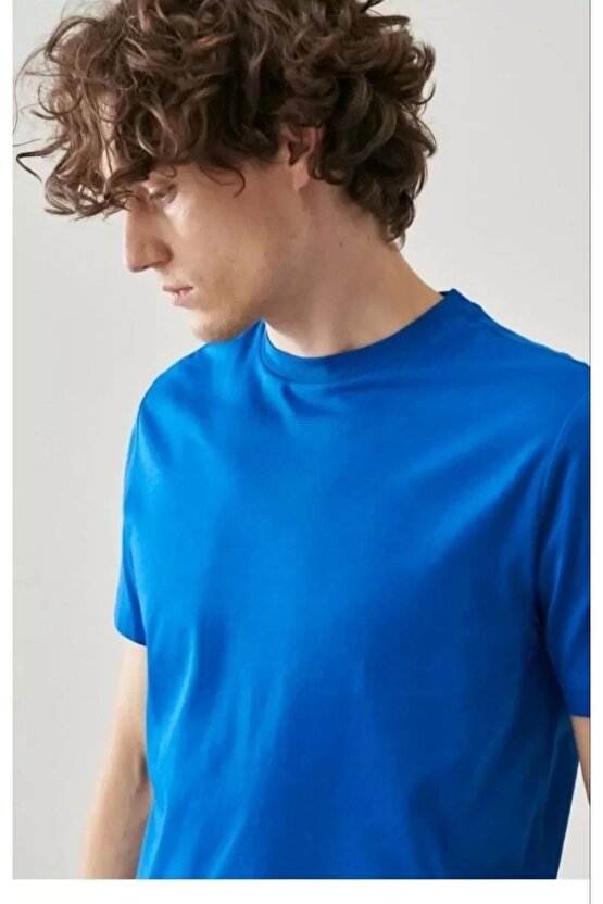 Unisex Düz Biskilet Yaka Oversize T-shirt - Mavi