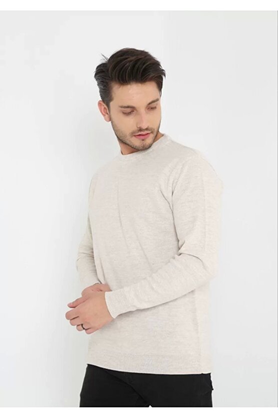 Unisex Uzun Kol Biskilet Yaka Dokuma Triko - Bej