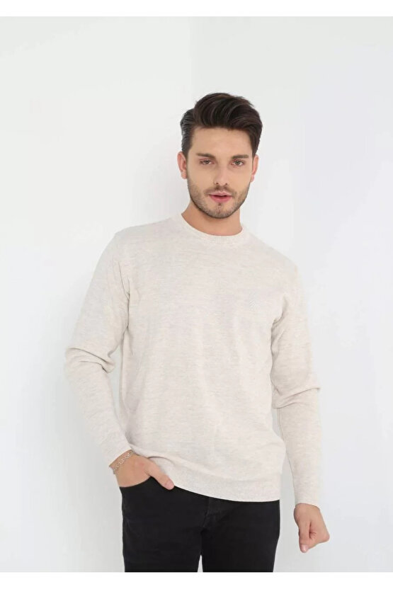 Unisex Uzun Kol Biskilet Yaka Dokuma Triko - Bej