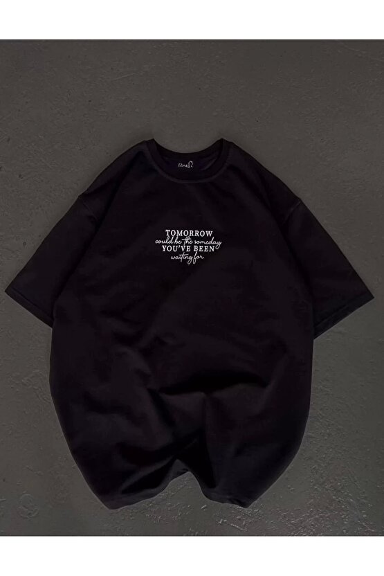 Unisex Bisiklet Yaka Baskılı Oversize T-Shirt - Siyah