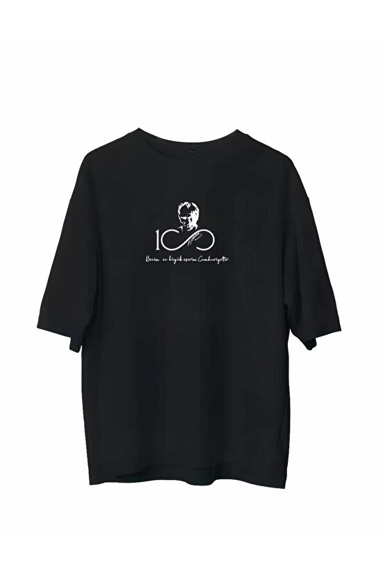 Unisex Bisiklet Yaka Baskılı Oversize T-Shirt - Siyah