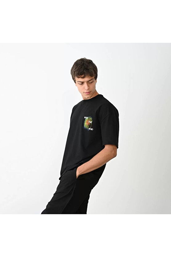 Unisex Bisiklet Yaka Baskılı Oversize T-Shirt - Siyah