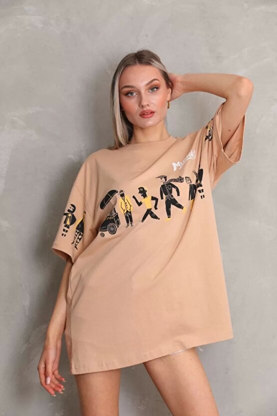 Unisex Bisiklet Yaka Baskılı Oversize T-Shirt - Bej