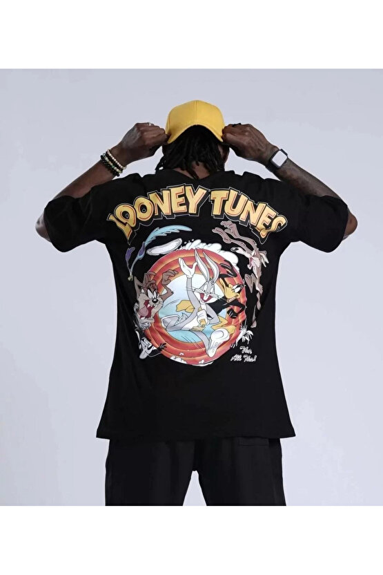 Unisex Bisiklet Yaka Baskılı Oversize T-Shirt - Siyah