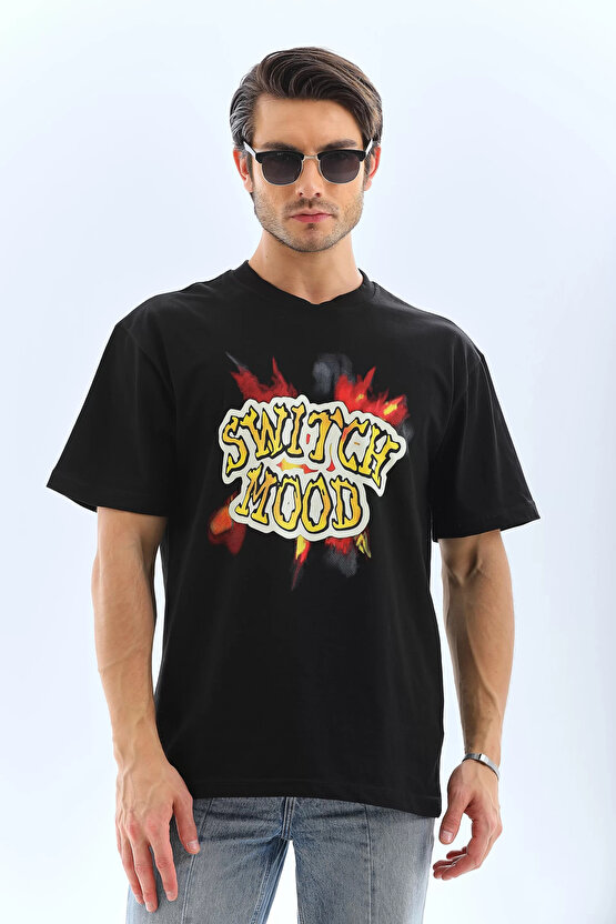 Unisex Oversize Baskılı Bisiklet Yaka T-Shirt - Siyah