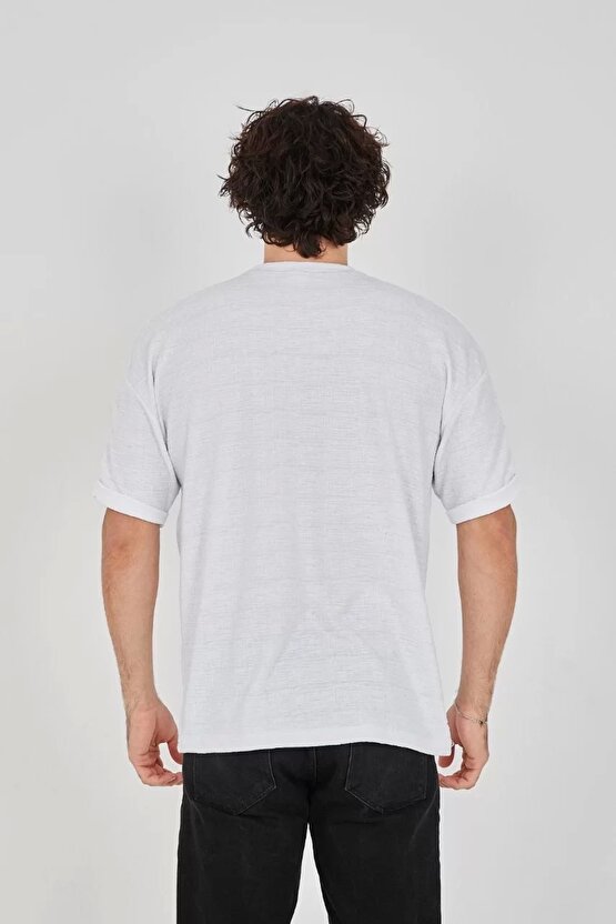 Unisex Jakar Kumaş Rahat Kol T-Shirt - Beyaz