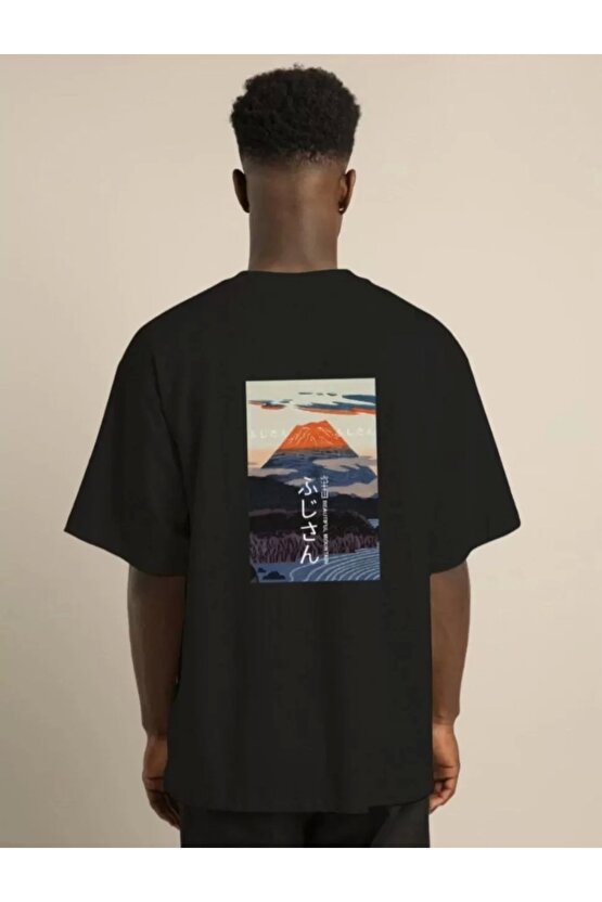 Unisex Bisiklet Yaka Baskılı Oversize T-Shirt - Siyah