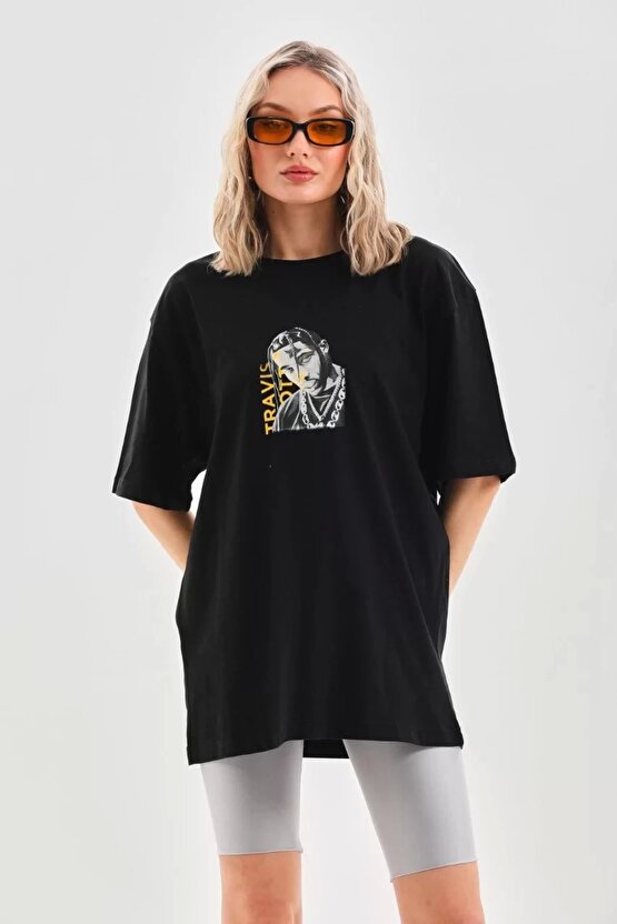Unisex Baskılı Oversize T-Shirt - Siyah
