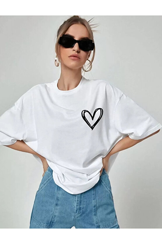 Unisex Baskılı Oversize T-Shirt - Beyaz