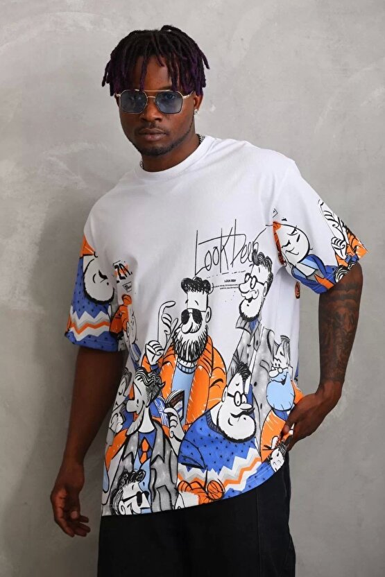 Unisex Oversize Baskılı Bisiklet Yaka T-Shirt - Beyaz