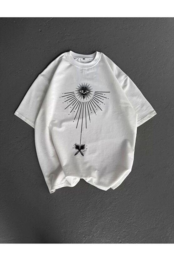 Unisex Bisiklet Yaka Baskılı Oversize T-Shirt - Beyaz