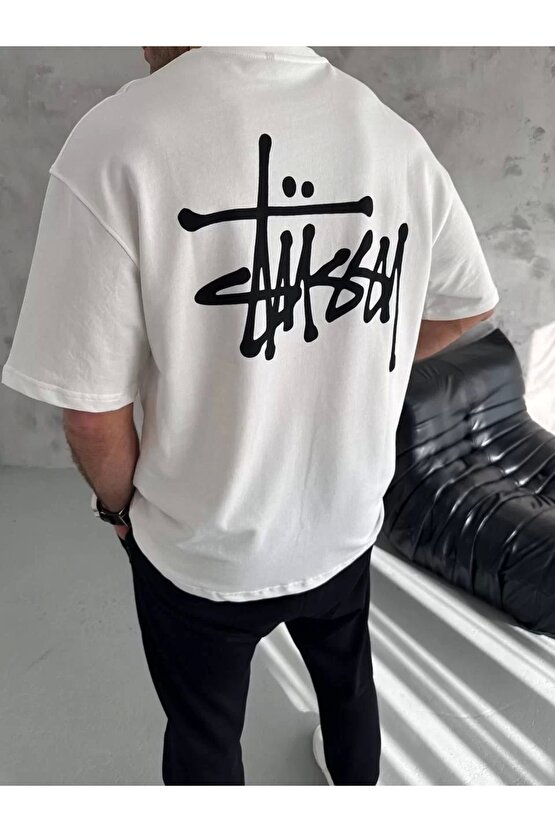 Unisex Bisiklet Yaka Baskılı Oversize T-Shirt - Beyaz