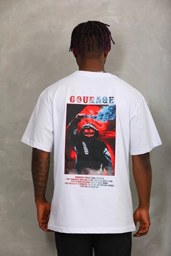 Unisex Oversize Baskılı Bisiklet Yaka T-Shirt - Beyaz