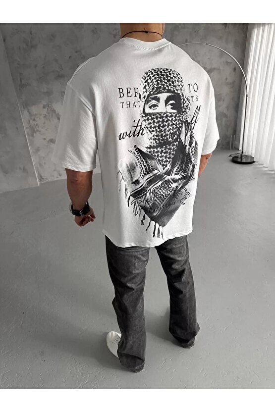 Unisex Baskılı Oversize T-Shirt - Beyaz