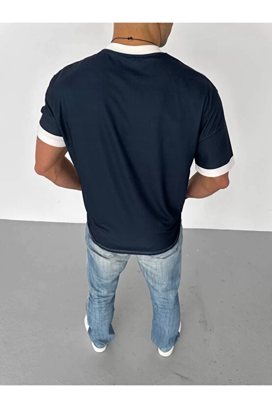 Unisex Bisiklet Yaka Baskılı Oversize T-Shirt - Siyah