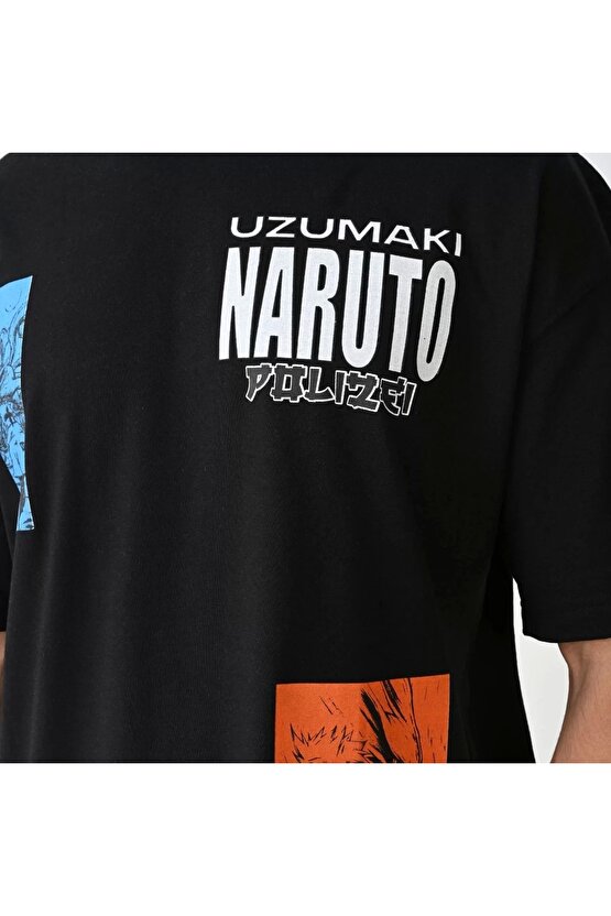 Unisex Bisiklet Yaka Baskılı Oversize T-Shirt - Siyah