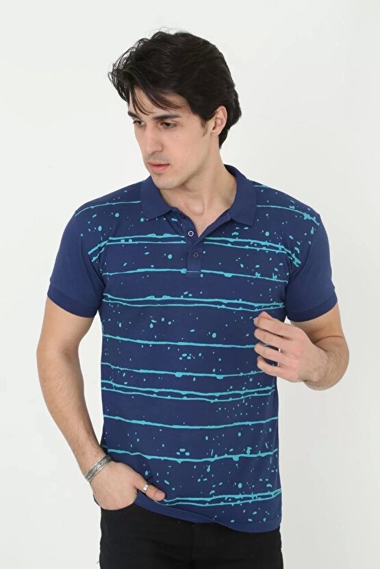 Erkek Yakalı Slim Fit Pike Çizgili T-Shirt - Lacivert