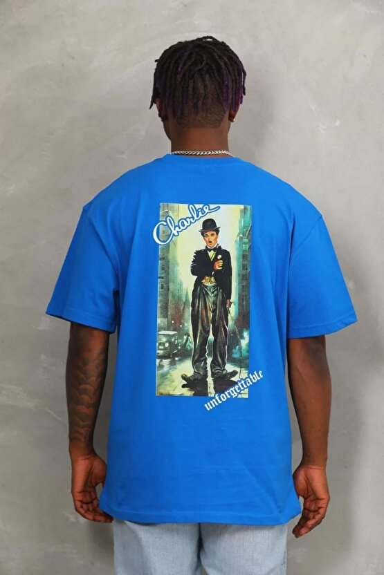 Unisex Oversize Baskılı Bisiklet Yaka T-Shirt - Mavi