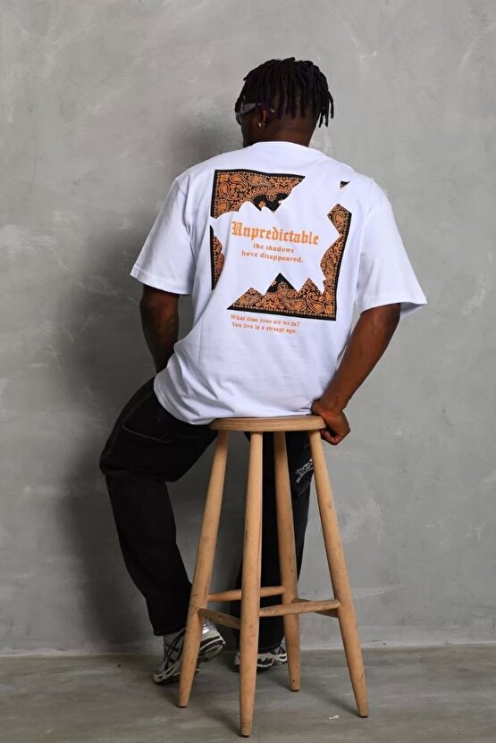 Unisex Oversize Baskılı Bisiklet Yaka T-Shirt - Beyaz