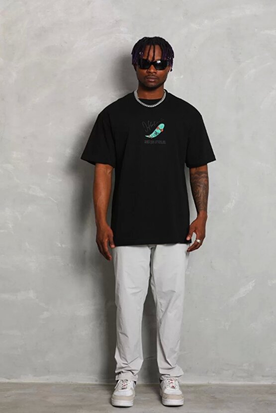 Unisex Oversize Baskılı Bisiklet Yaka T-Shirt - Siyah