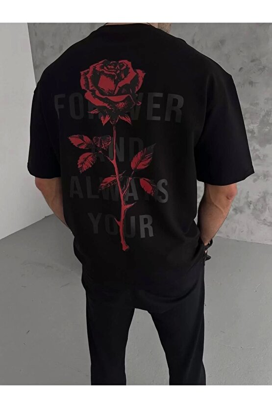 Unisex Bisiklet Yaka Baskılı Oversize T-Shirt - Siyah