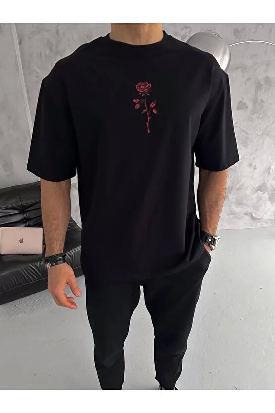 Unisex Bisiklet Yaka Baskılı Oversize T-Shirt - Siyah