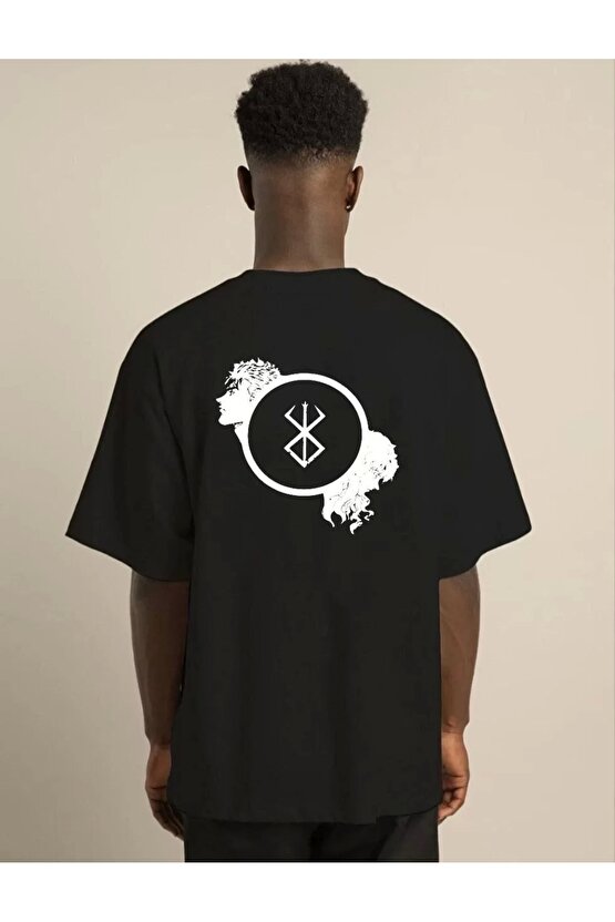 Unisex Bisiklet Yaka Baskılı Oversize T-Shirt - Siyah