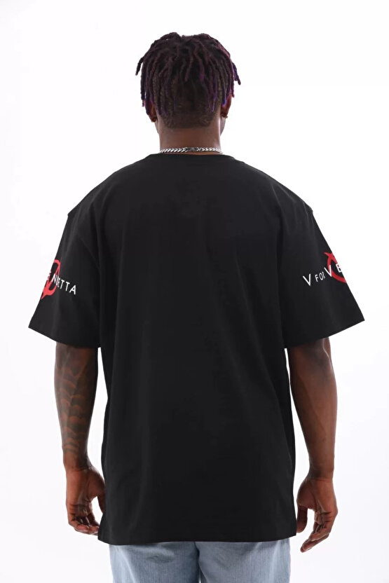 Unisex Oversize Baskılı Bisiklet Yaka T-Shirt - Siyah