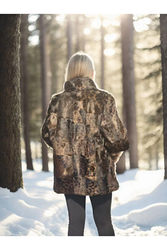 Kadın Uzun Kollu Deri Ceket - Leopar